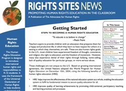 [ai] A newsletter titled "Rights Sites News" focusing on promoting human rights education in the classroom. The header includes an illustration of an apple with the text "Getting Started: Steps to Becoming a Human Rights Educator" and quotes Paulo Freire.